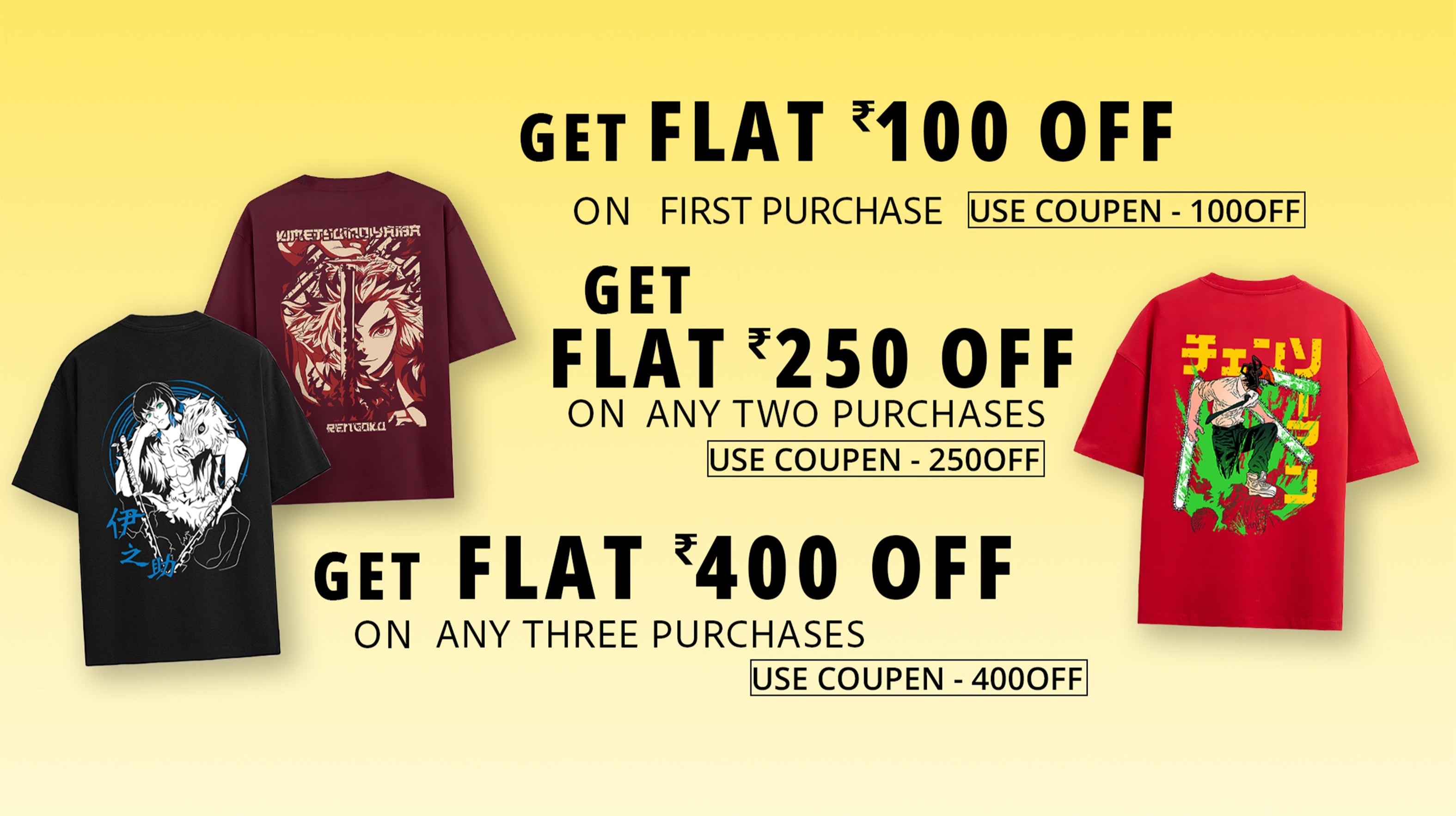 Promotional banner with t-shirts and discount information on a yellow background