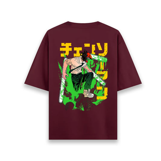 CHAINSAW MAN MAROON OVERSIZED T SHIRT