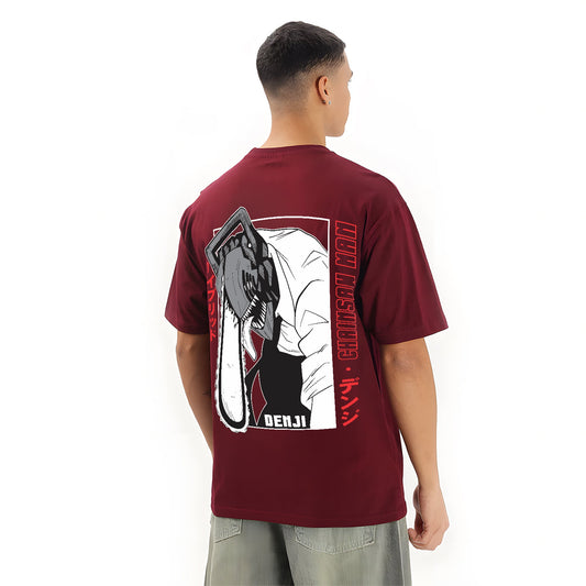 DENJI CHAINSAW MAN 2 MAROON OVERSIZED T SHIRT
